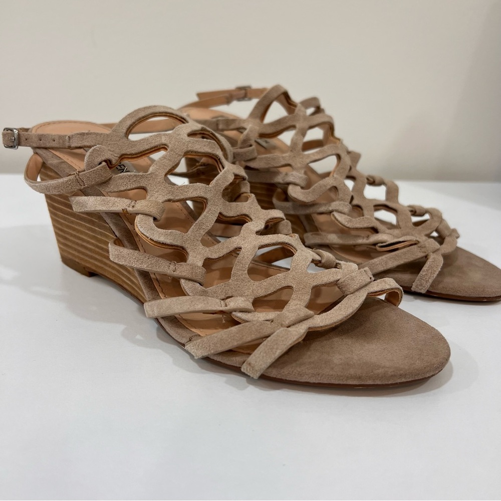 Steve Madden Christina Beige Cut Out Wedge Sandals Leather Ankle Strap, 9 - Picture 3 of 10